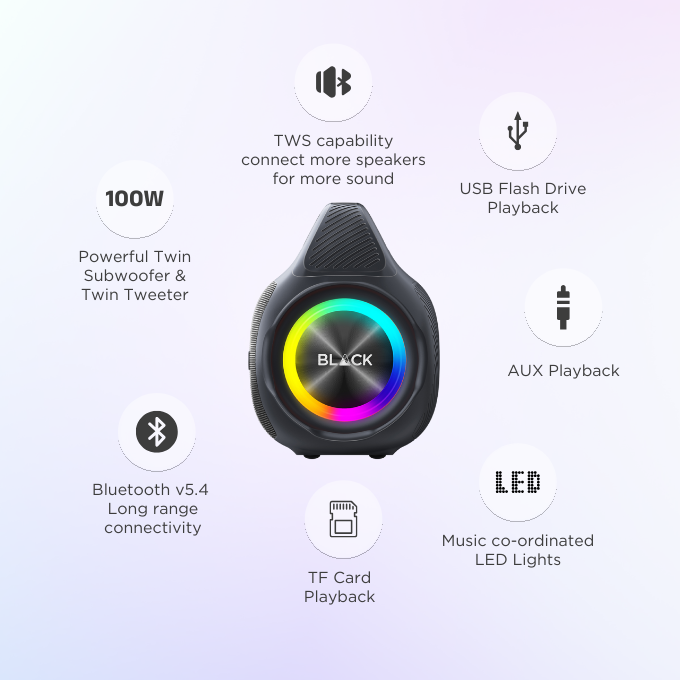 BLACK BassBlast Wireless Bluetooth Speaker, 100W, EX BASS, Up to 9H Playtime, 1 Yr Warranty BLACK BassBlast Wireless Bluetooth Speaker, 100W, EX BASS, Up to 9H Playtime, 1 Yr Warranty